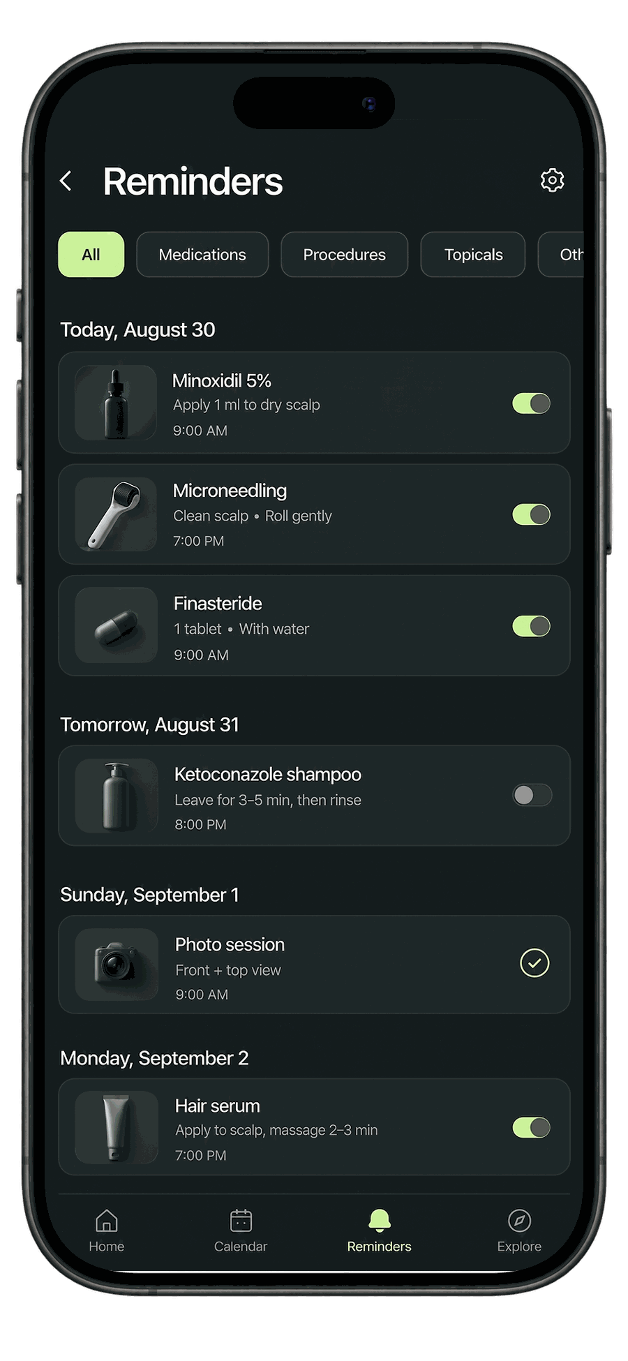 ReHair website preview showing scheduled reminders.